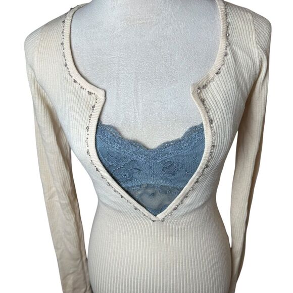 Vintage Abercrombie Wool Silk Cashmere Beaded Ribbed V-neck Sweater Y2K Retro - Picture 5 of 10